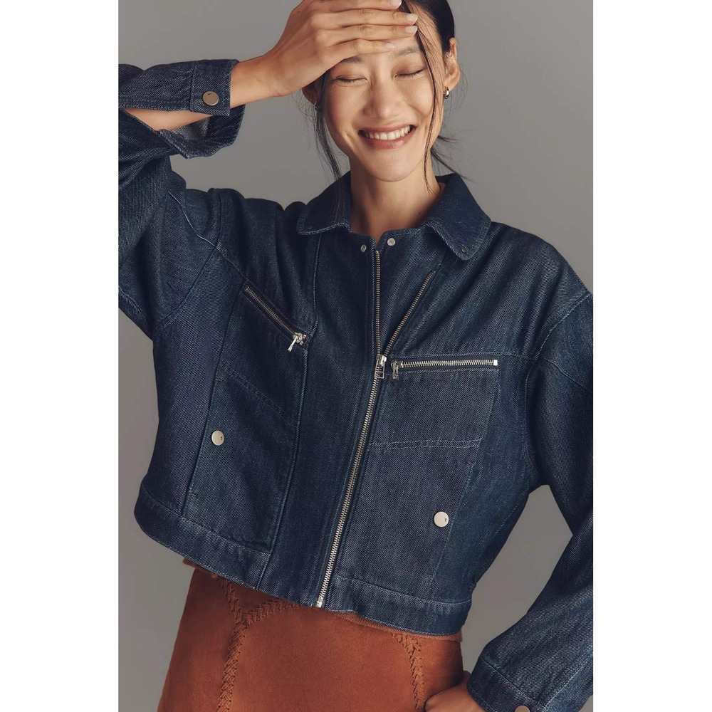 NWT PILCRO Anthropologie Super-Soft Denim Cropped Moto Jacket Blue Women's Med